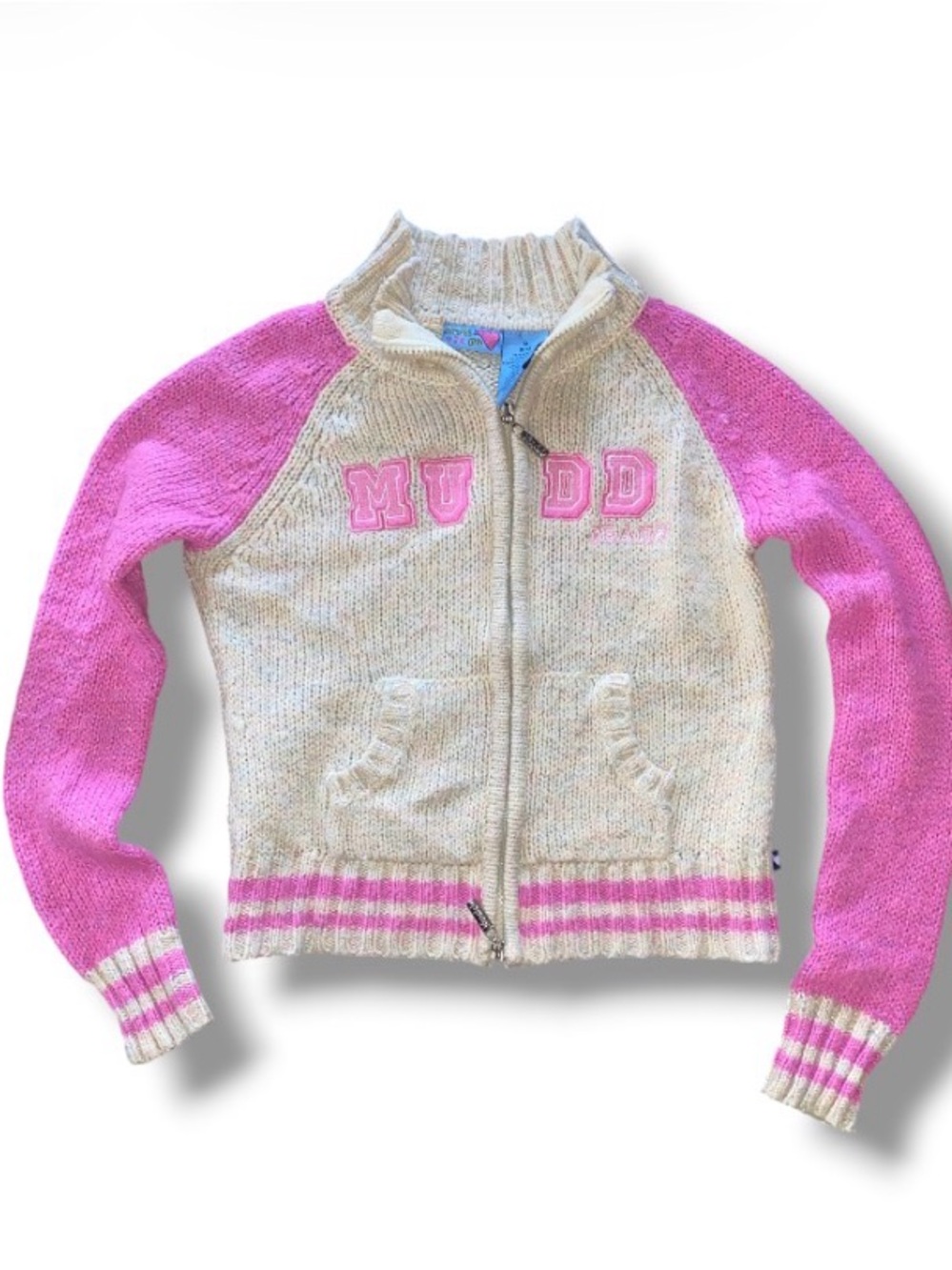 Y2K MUDD Pink Cream Zip Up Knit Sweater Cardigan Raglan Preppy Cottagecore 10/12
